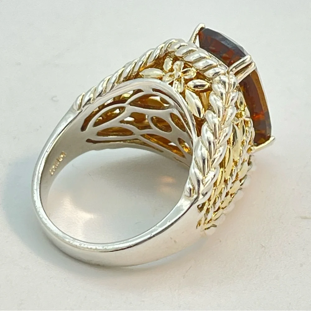 Silver Citrine & Gold Tone Ring | Large Faceted Gem Stone | 925 Sterling
